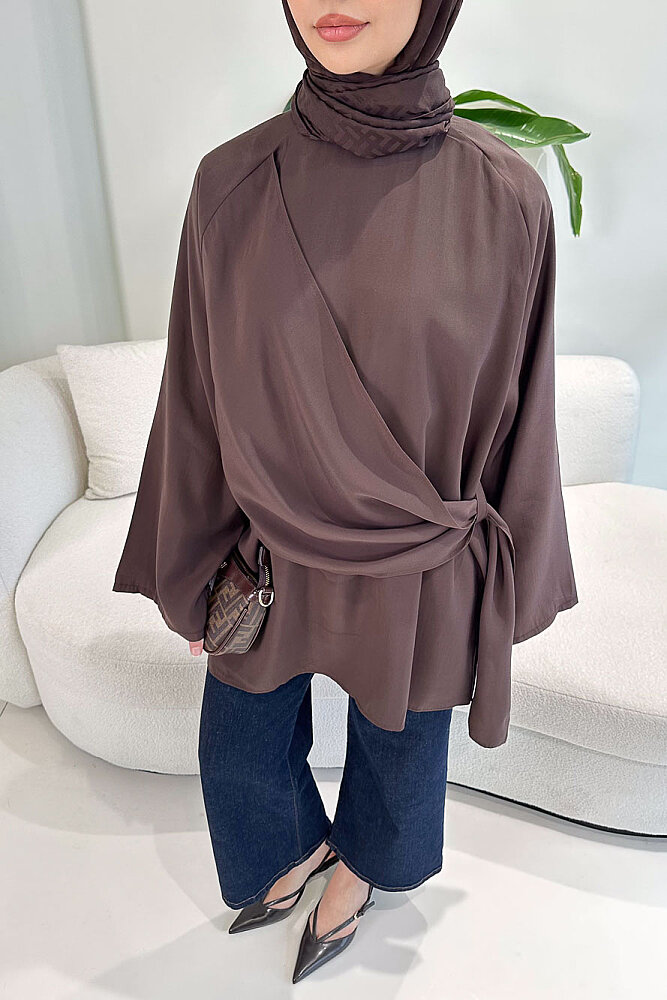 Yandan Bağlamalı Şallı Bluz - Kahverengi - ENMA (1)