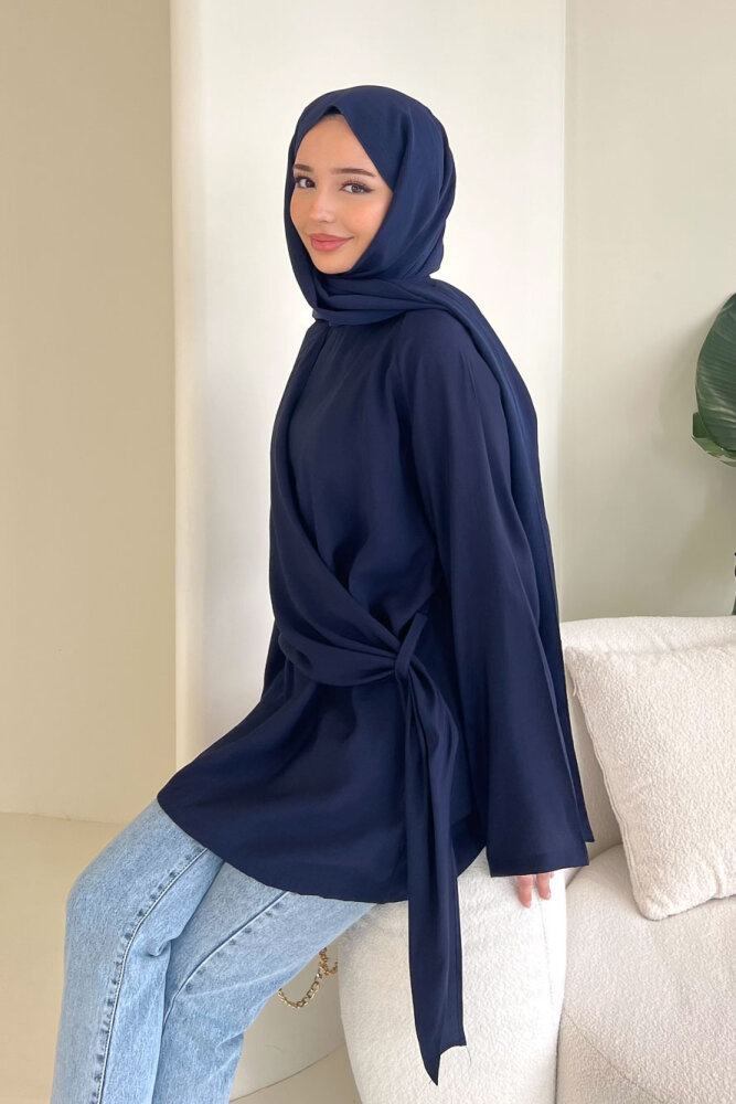 Yandan Bağlamalı Şallı Bluz - Lacivert - 1