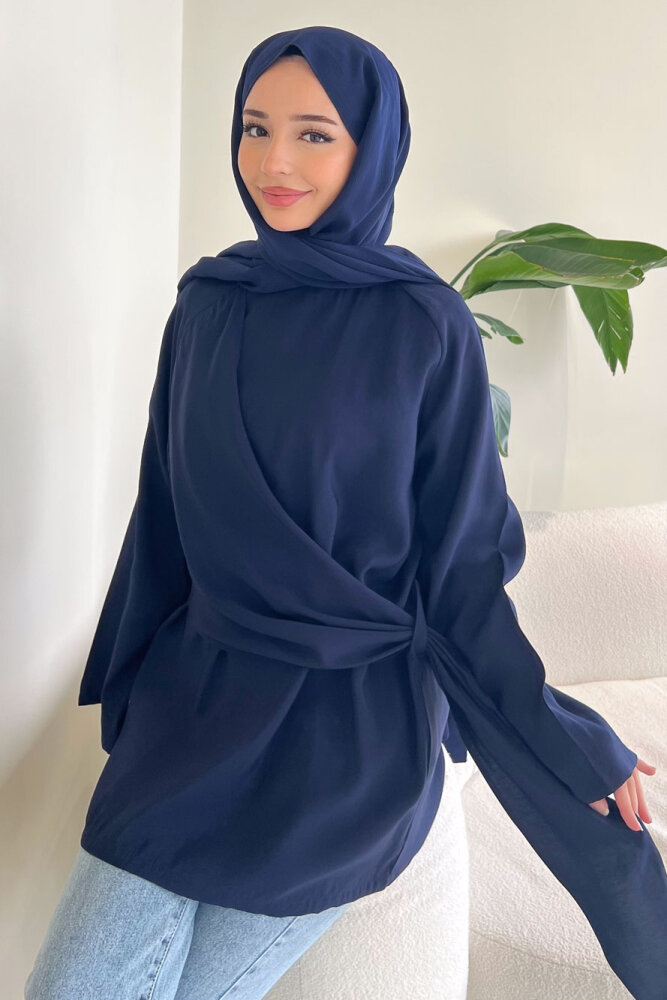 Yandan Bağlamalı Şallı Bluz - Lacivert - 8