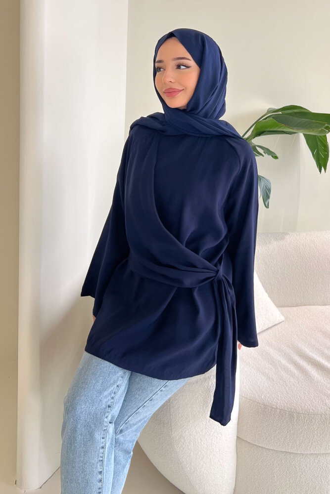 Yandan Bağlamalı Şallı Bluz - Lacivert - 6