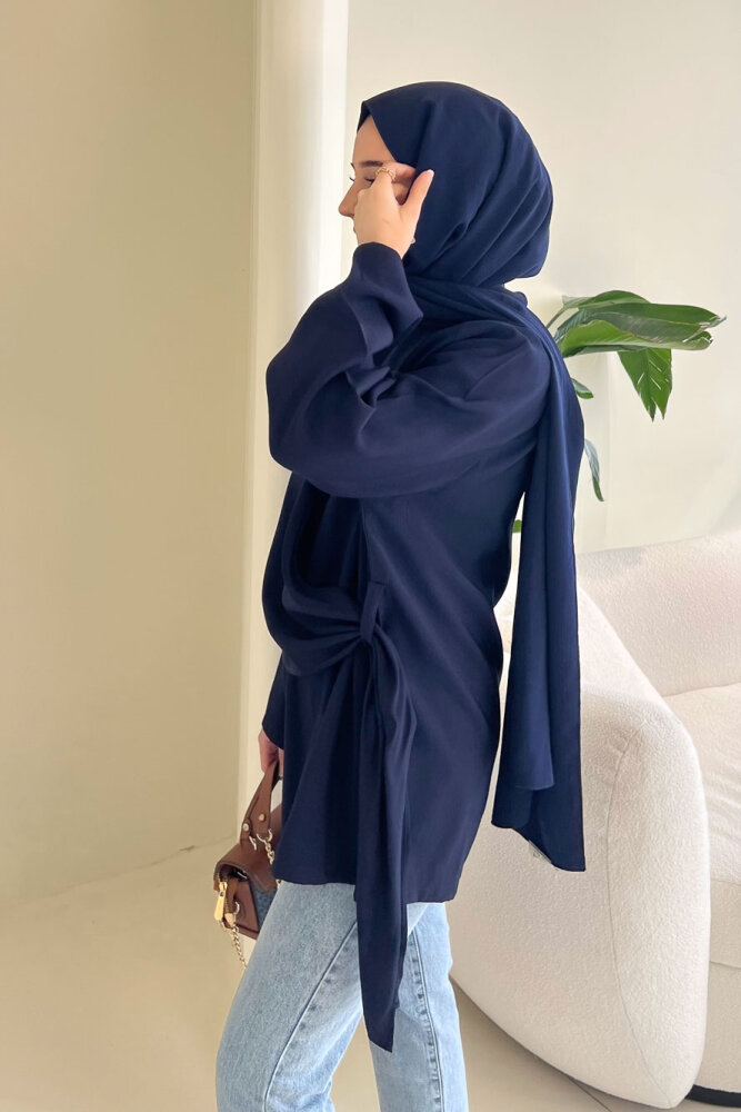 Yandan Bağlamalı Şallı Bluz - Lacivert - ENMA (4)