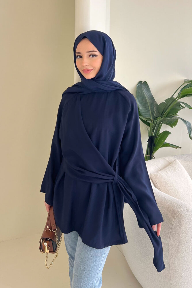 Yandan Bağlamalı Şallı Bluz - Lacivert - 2