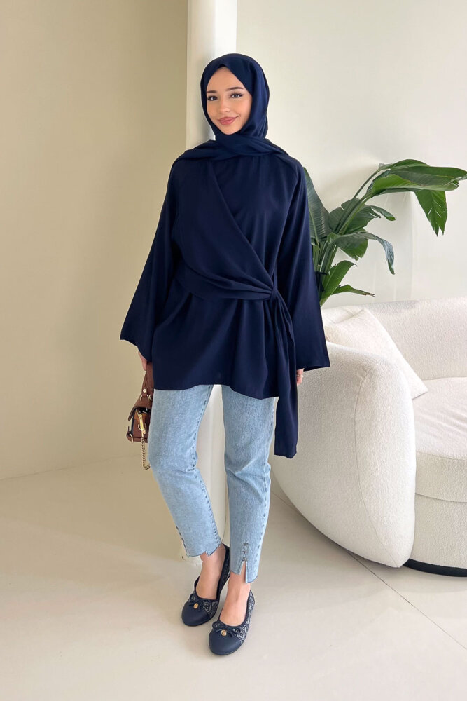 Yandan Bağlamalı Şallı Bluz - Lacivert - 3