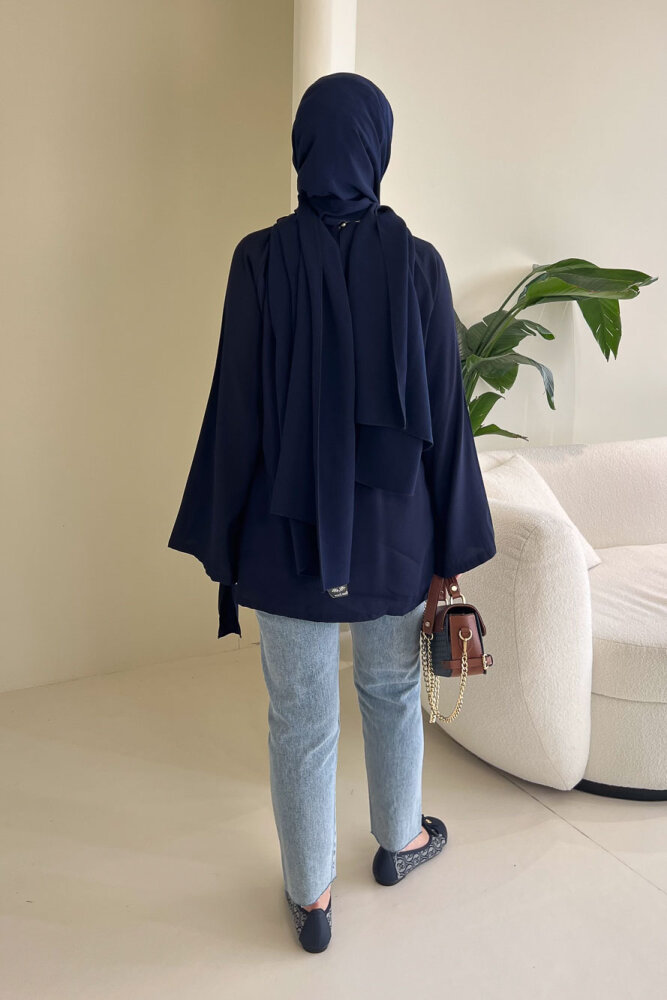 Yandan Bağlamalı Şallı Bluz - Lacivert - 7