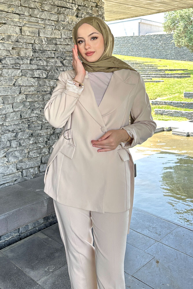 Yanları Toka Detaylı Ceket Takım - Bej - 3