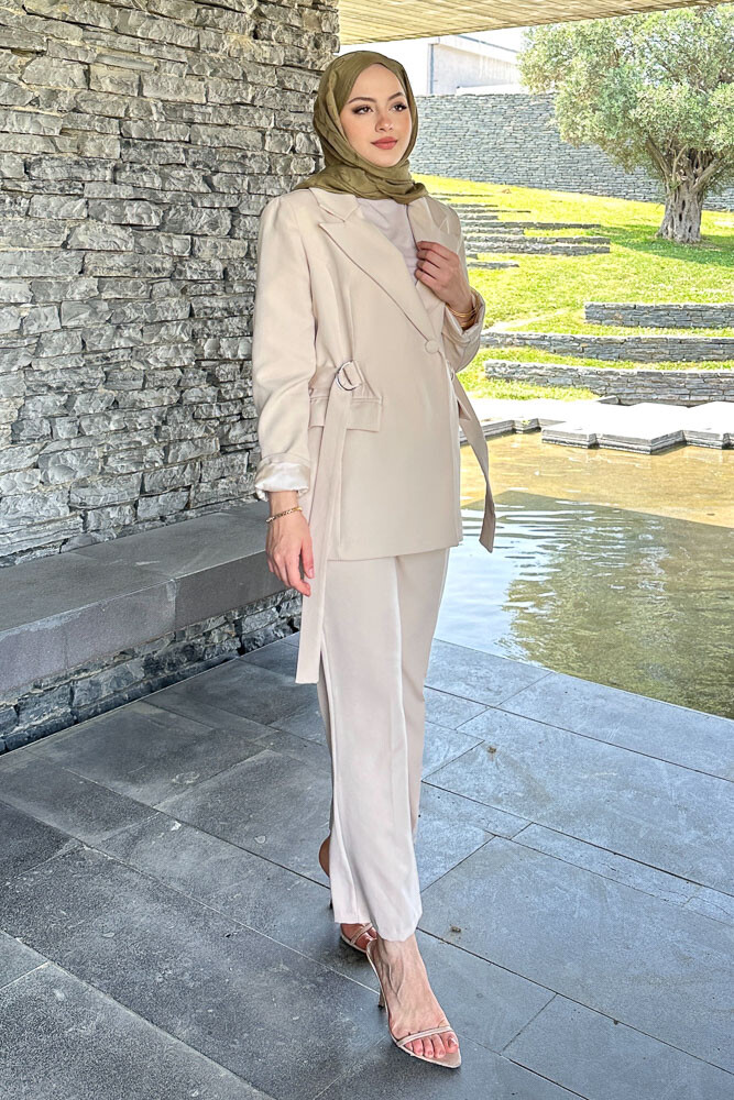 Yanları Toka Detaylı Ceket Takım - Bej 