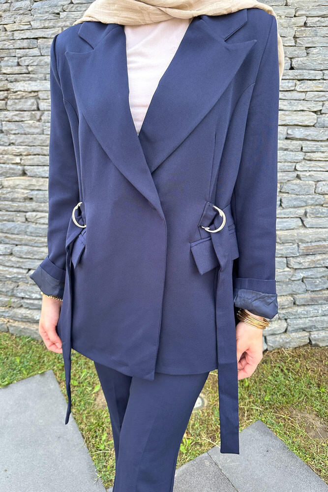 Yanları Toka Detaylı Ceket Takım - Lacivert - HENZA (5)