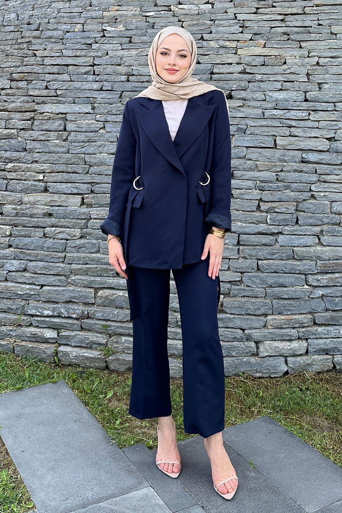 Yanları Toka Detaylı Ceket Takım - Lacivert - HENZA (3)