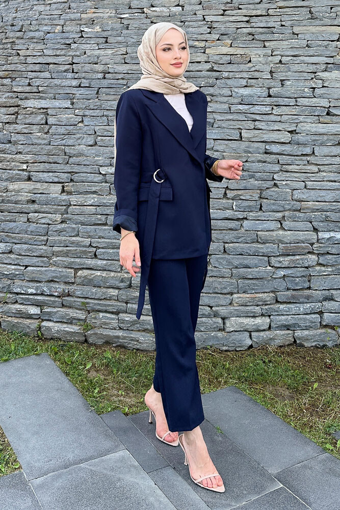 Yanları Toka Detaylı Ceket Takım - Lacivert - HENZA (1)