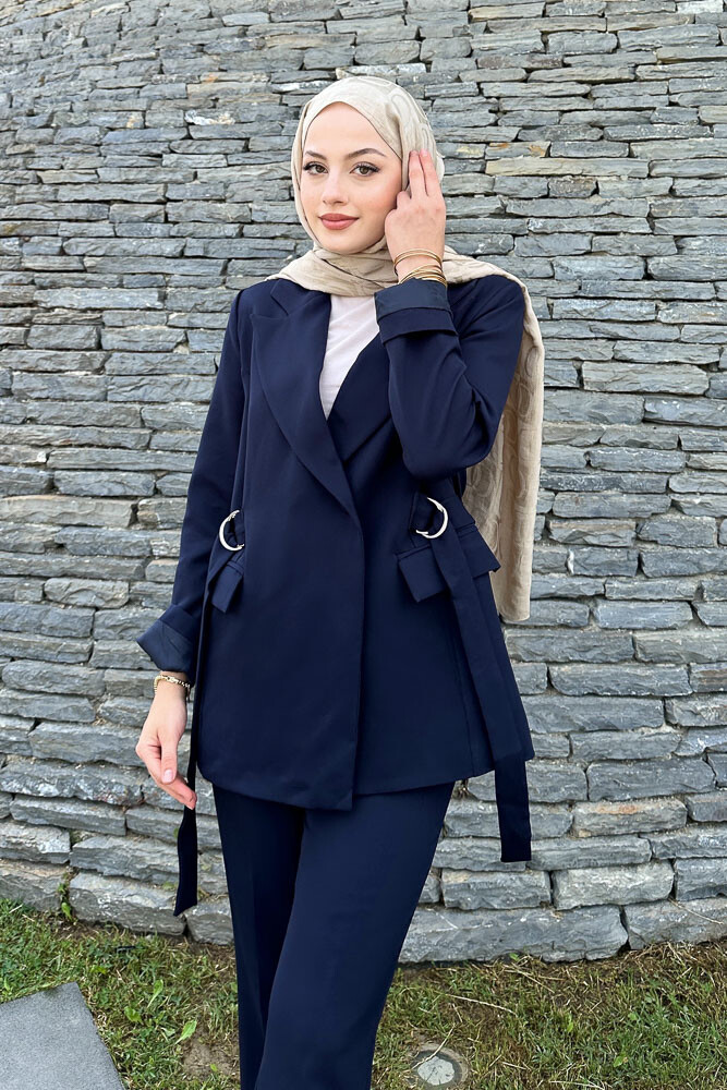 Yanları Toka Detaylı Ceket Takım - Lacivert - HENZA (2)