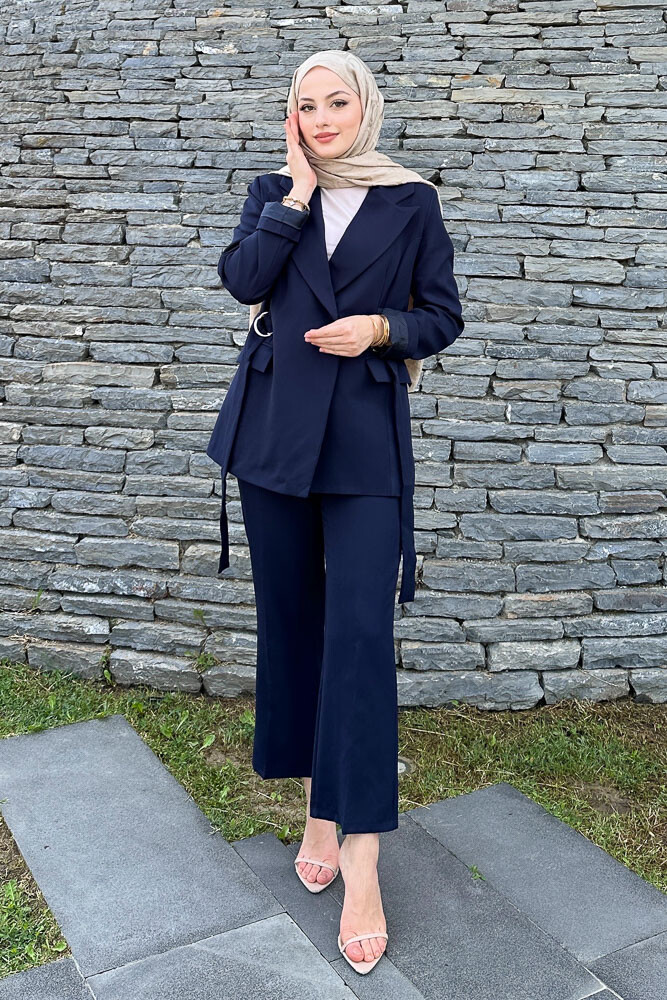 Yanları Toka Detaylı Ceket Takım - Lacivert - HENZA (4)