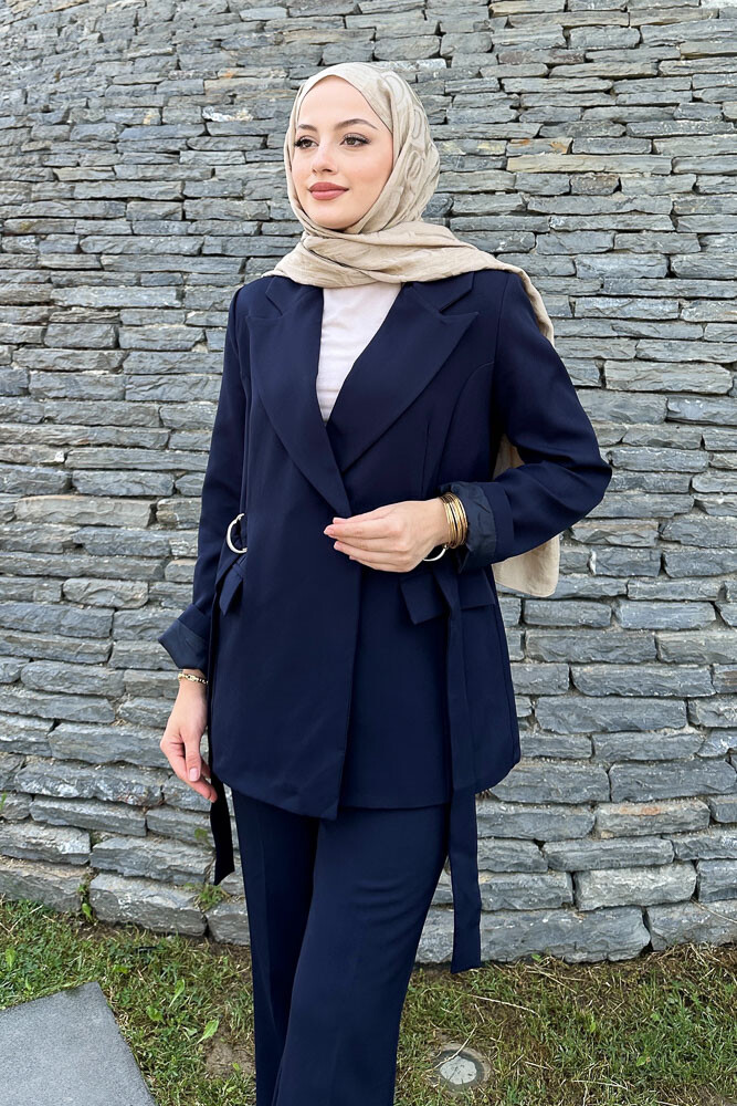 Yanları Toka Detaylı Ceket Takım - Lacivert - 7
