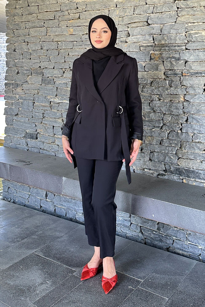 Yanları Toka Detaylı Ceket Takım - Siyah - 1