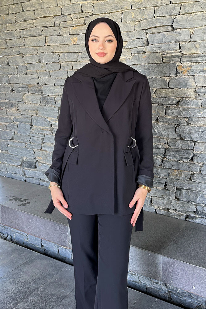 Yanları Toka Detaylı Ceket Takım - Siyah - HENZA (1)
