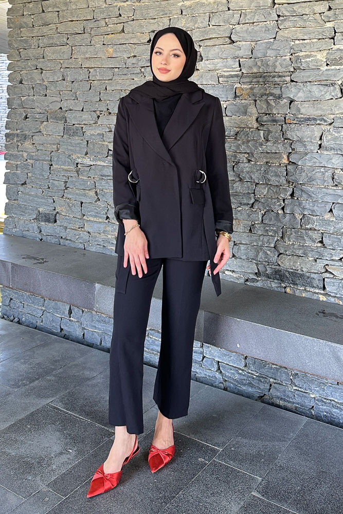 Yanları Toka Detaylı Ceket Takım - Siyah - HENZA (2)
