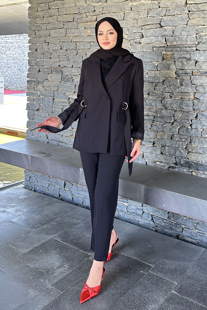 Yanları Toka Detaylı Ceket Takım - Siyah - HENZA (5)