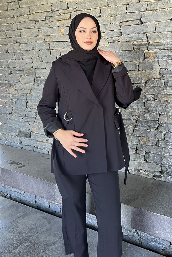 Yanları Toka Detaylı Ceket Takım - Siyah - HENZA (4)