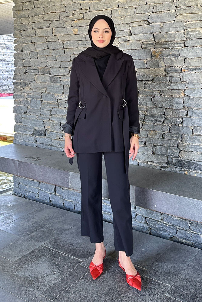 Yanları Toka Detaylı Ceket Takım - Siyah - HENZA (3)