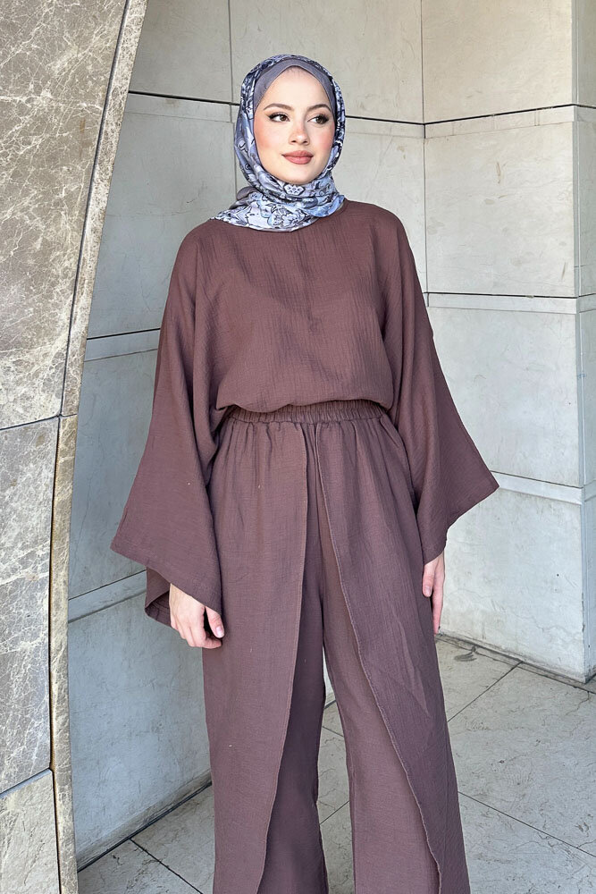 Yarasa Kol Müslin Takım - Kahverengi - 4