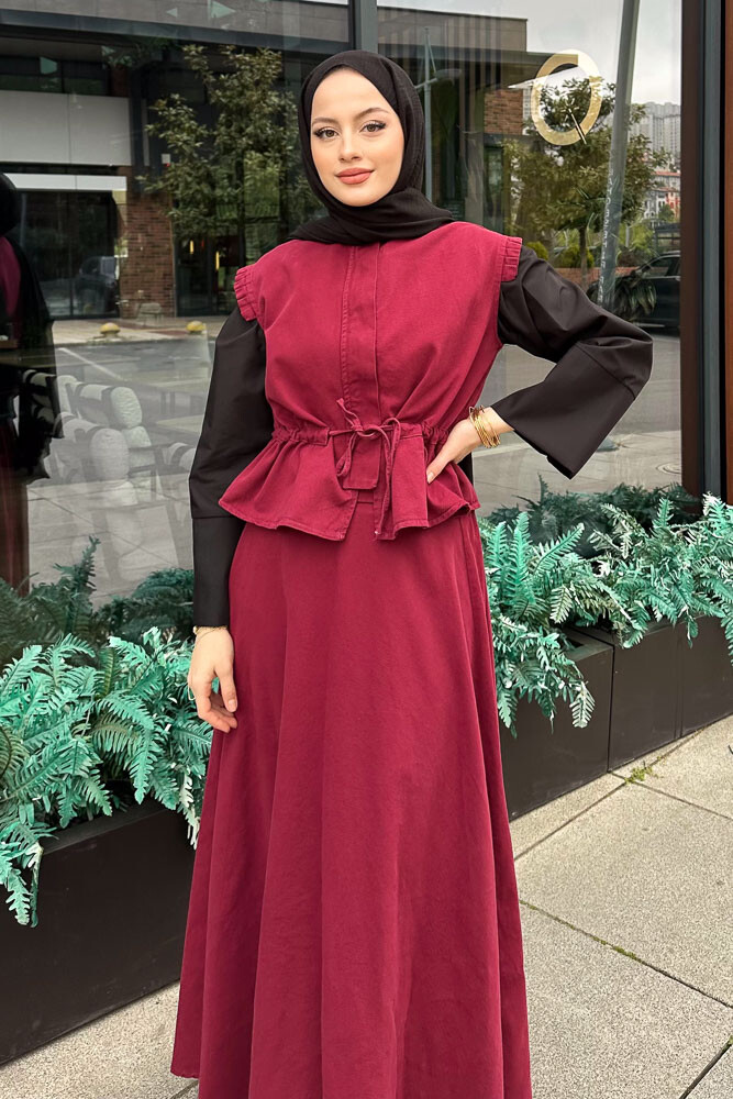 Yelekli Gabardin Takım - Bordo - 3