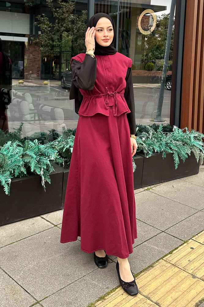Yelekli Gabardin Takım - Bordo - 8