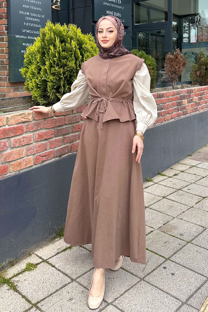 Yelekli Gabardin Takım - Kahverengi - 1