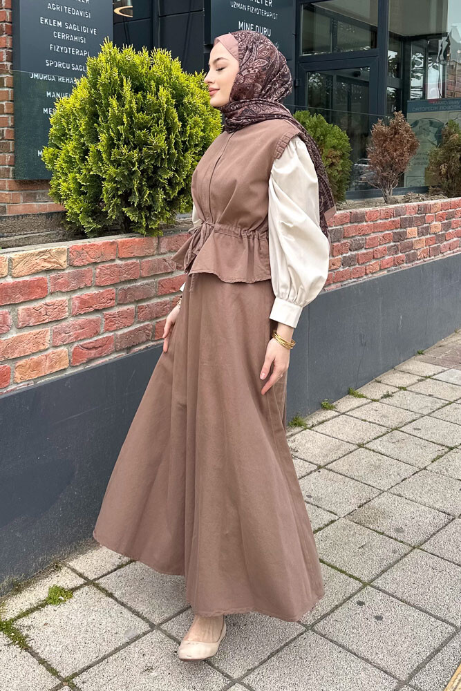 Yelekli Gabardin Takım - Kahverengi - 5
