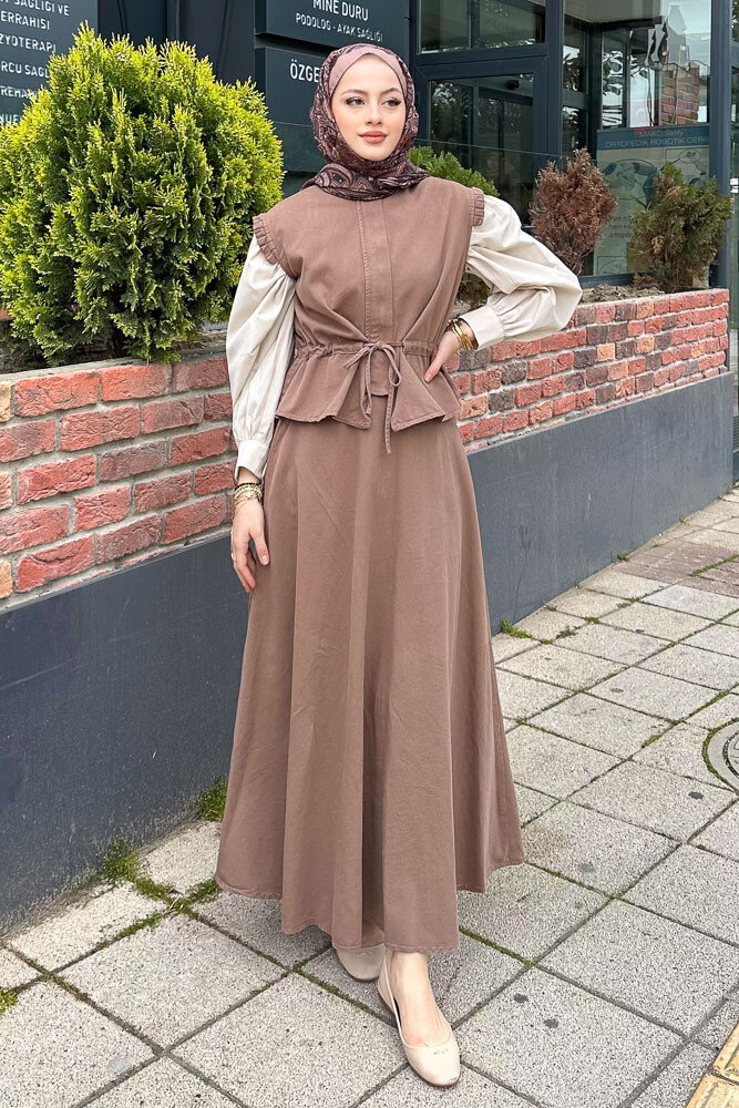 Yelekli Gabardin Takım - Kahverengi - 4