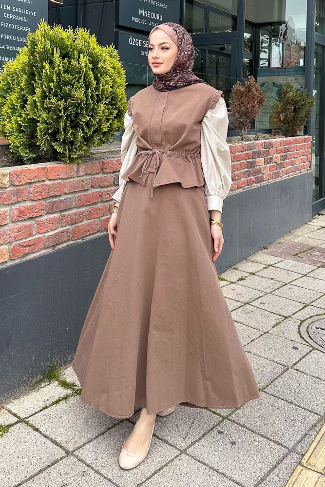 Yelekli Gabardin Takım - Kahverengi - 3