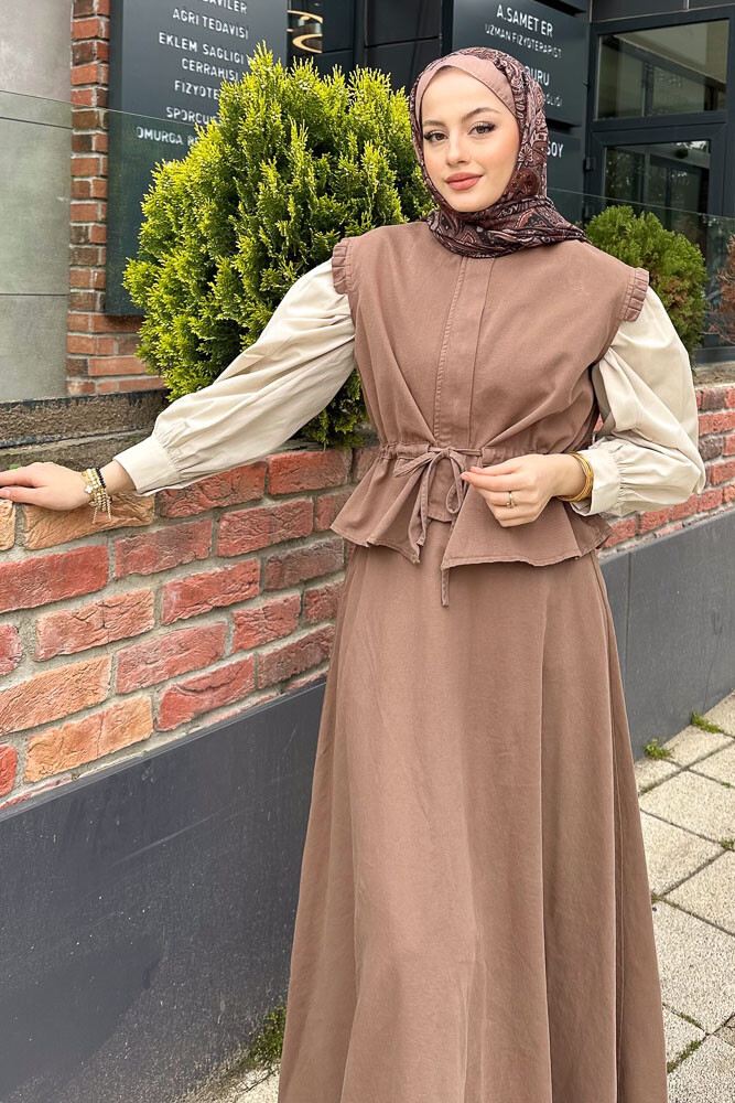 Yelekli Gabardin Takım - Kahverengi - 7