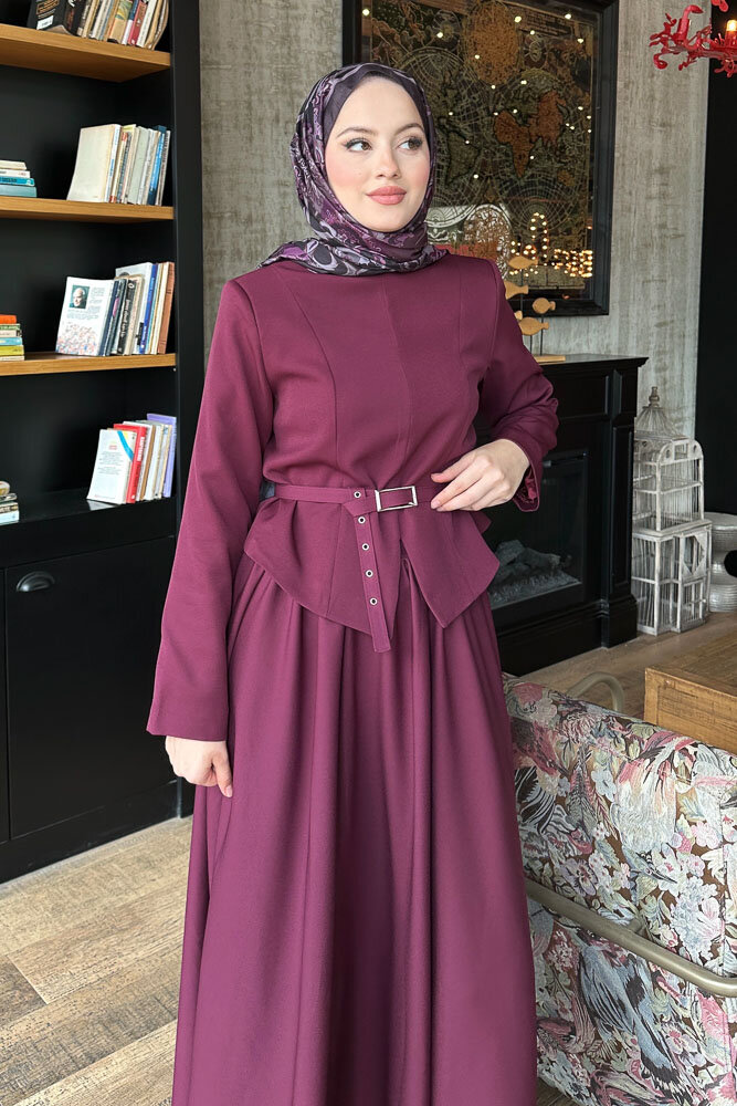 Yırtmaç Detaylı Şık Etek Takım - Burgonya - 5