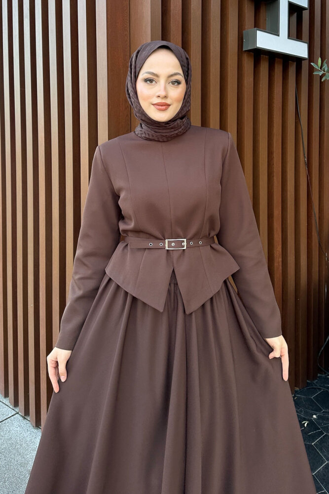 Yırtmaç Detaylı Şık Etek Takım - Kahverengi - 5