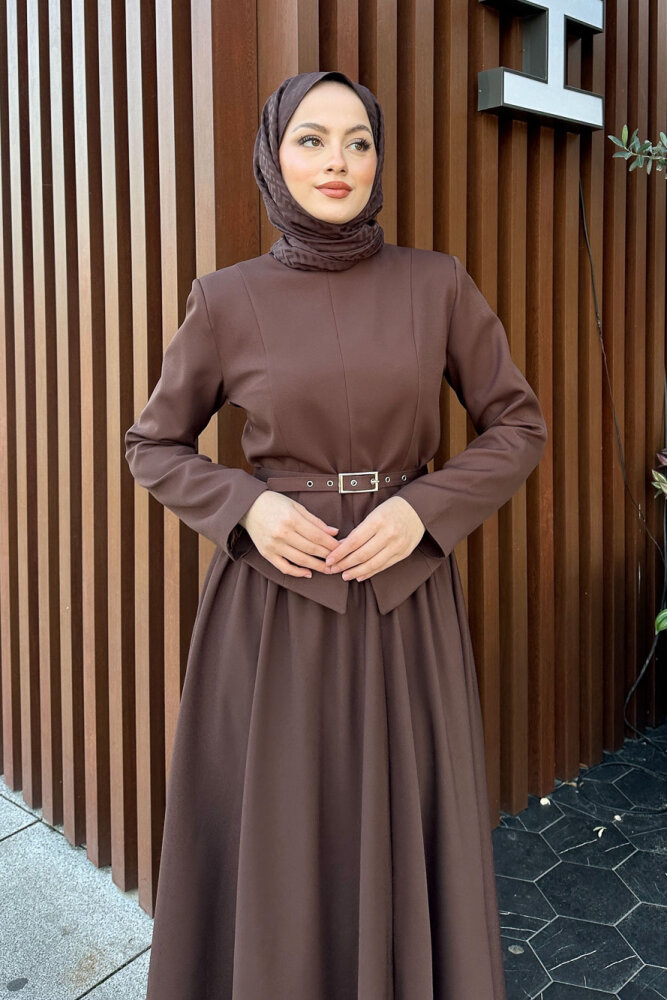 Yırtmaç Detaylı Şık Etek Takım - Kahverengi - 3