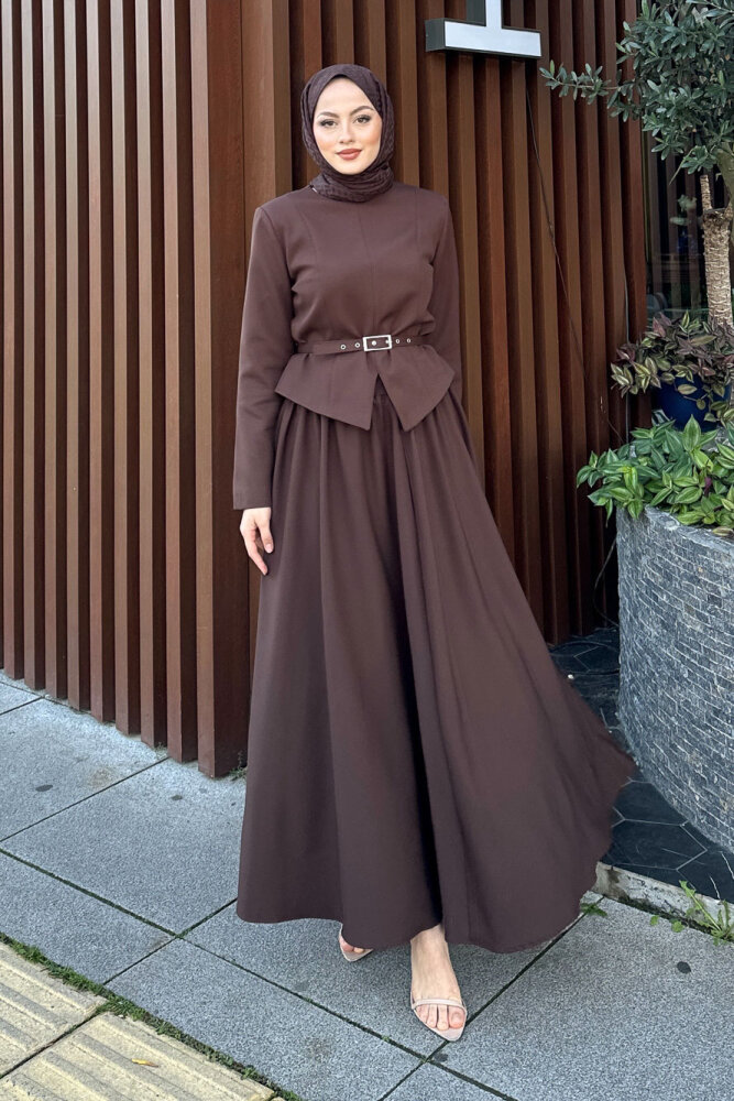 Yırtmaç Detaylı Şık Etek Takım - Kahverengi - 4