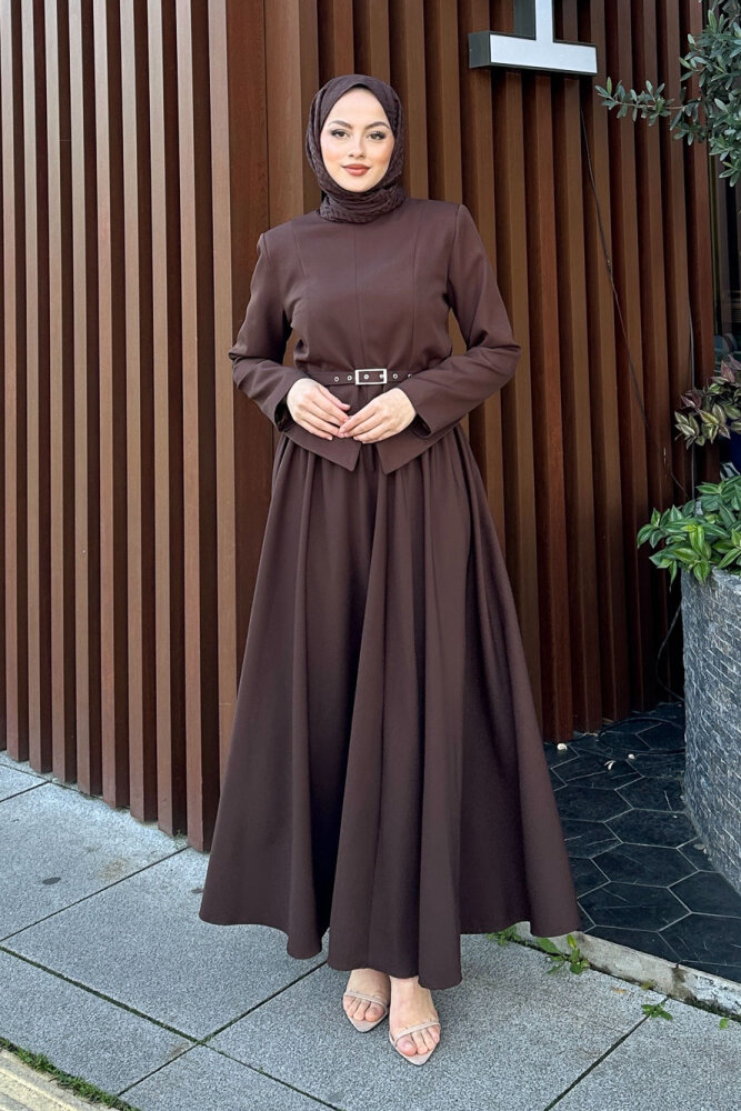 Yırtmaç Detaylı Şık Etek Takım - Kahverengi - 6