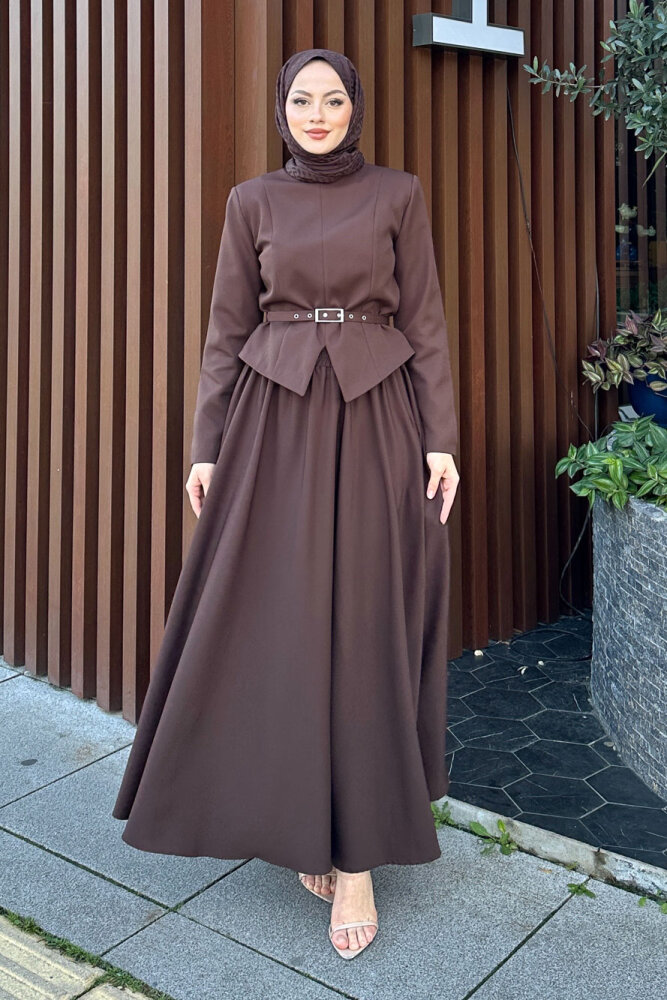 Yırtmaç Detaylı Şık Etek Takım - Kahverengi - 7