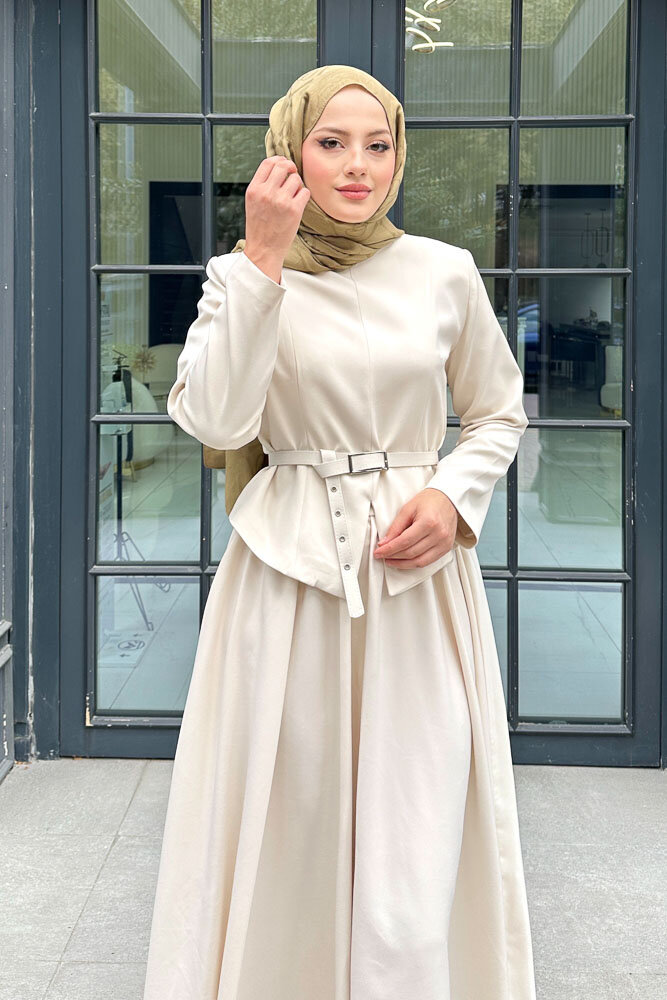 Yırtmaç Detaylı Şık Etek Takım - Taş Rengi - 2
