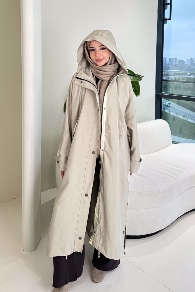 Yujin Yan Çıtçıt Detaylı Kapüşonlu Trençkot - Bej - ALLMİSS (0)