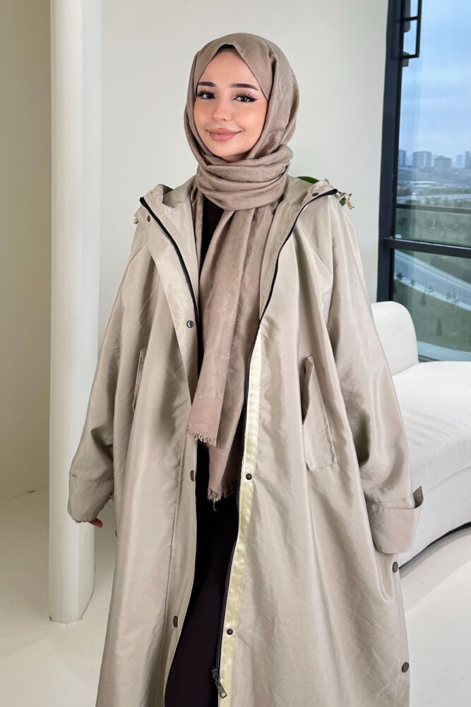 Yujin Yan Çıtçıt Detaylı Kapüşonlu Trençkot - Bej - 5