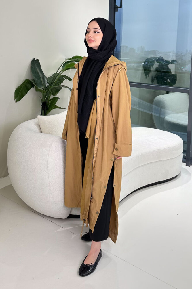 Yujin Yan Çıtçıt Detaylı Kapüşonlu Trençkot - Camel - ALLMİSS (0)