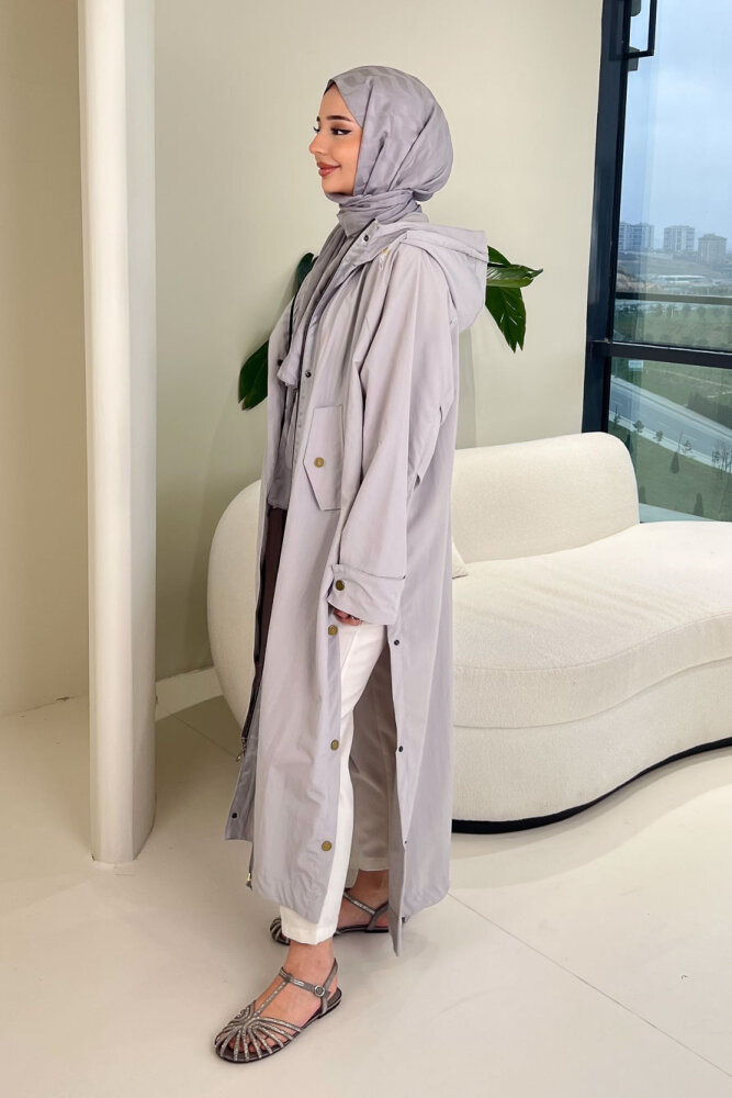 Yujin Yan Çıtçıt Detaylı Kapüşonlu Trençkot - Gri - 7