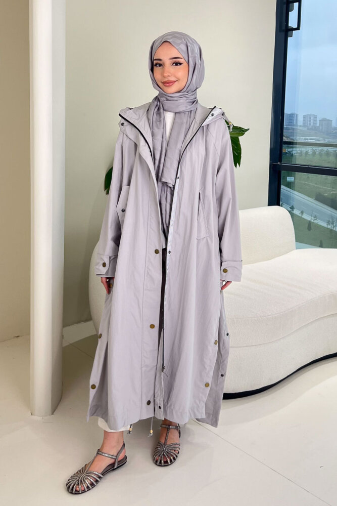 Yujin Yan Çıtçıt Detaylı Kapüşonlu Trençkot - Gri - 3