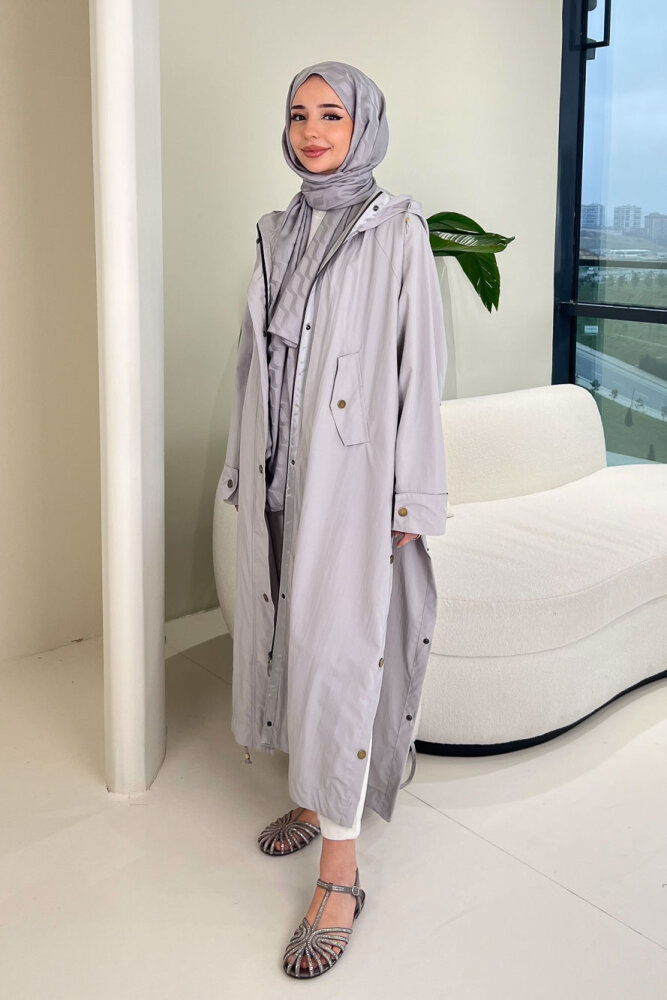 Yujin Yan Çıtçıt Detaylı Kapüşonlu Trençkot - Gri - 2