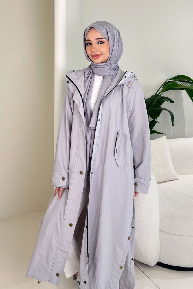 Yujin Yan Çıtçıt Detaylı Kapüşonlu Trençkot - Gri - ALLMİSS (4)