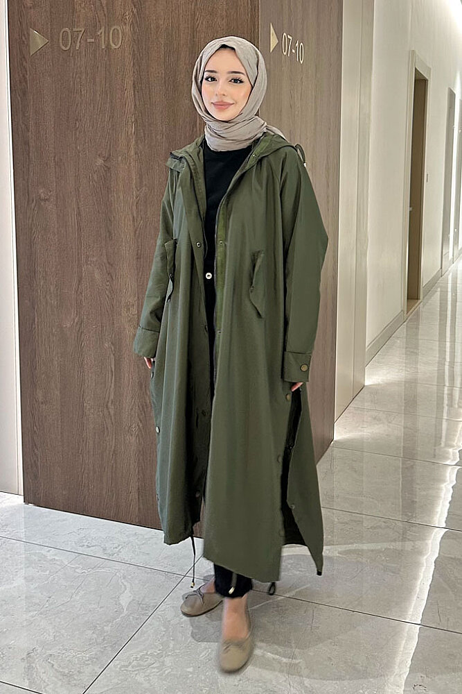 Yujin Yan Çıtçıt Detaylı Kapüşonlu Trençkot - Haki - 7