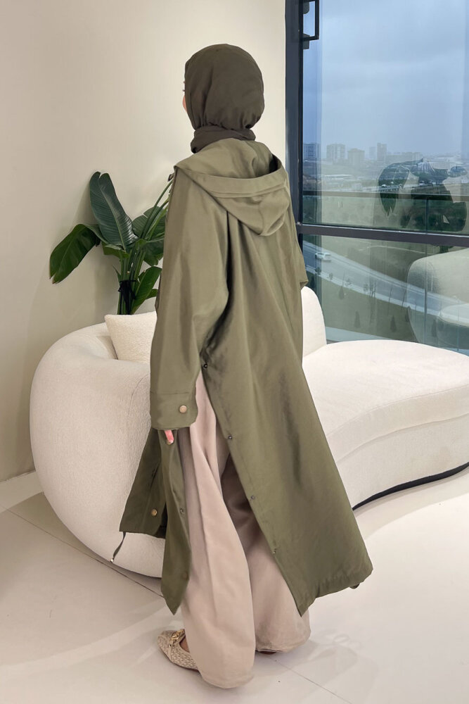 Yujin Yan Çıtçıt Detaylı Kapüşonlu Trençkot - Haki - 4