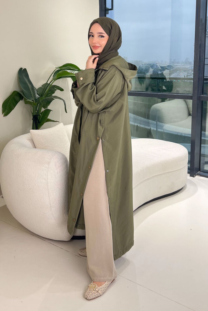 Yujin Yan Çıtçıt Detaylı Kapüşonlu Trençkot - Haki - 1