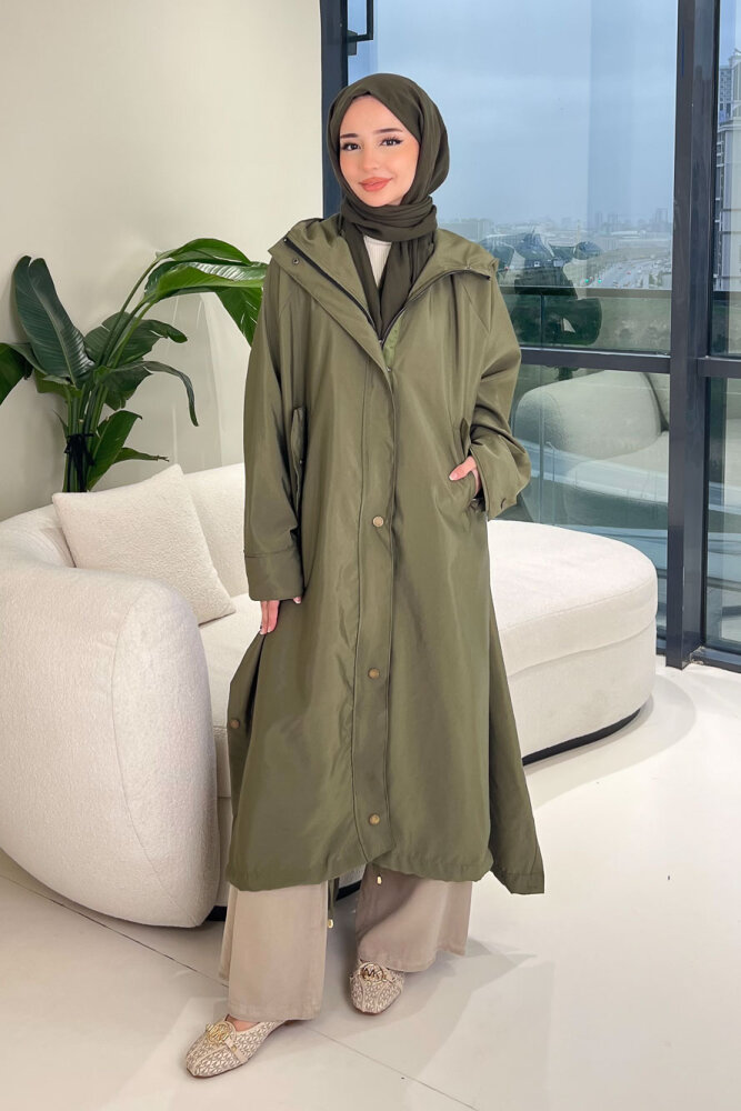 Yujin Yan Çıtçıt Detaylı Kapüşonlu Trençkot - Haki - 3