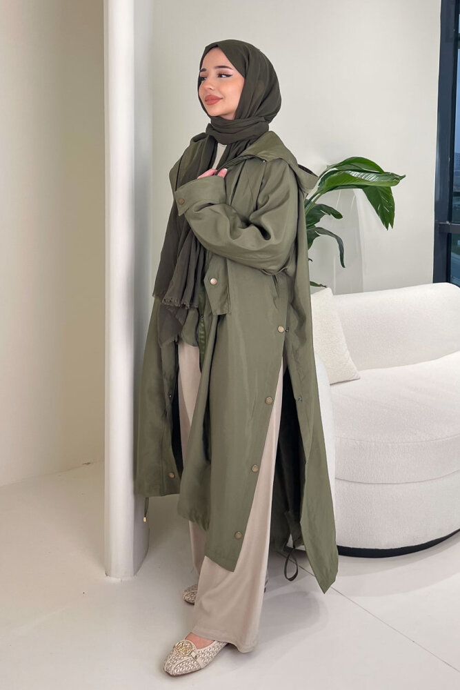 Yujin Yan Çıtçıt Detaylı Kapüşonlu Trençkot - Haki - ALLMİSS (5)