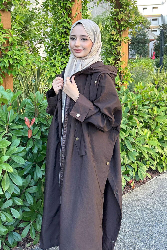 Yujin Yan Çıtçıt Detaylı Kapüşonlu Trençkot - Kahverengi - 8